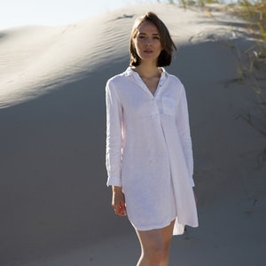 Washed Linen Tunic, Shirt Dress  in White Camila. Long Sleeves,  A Shape, Front half-length buttoned opening. READY in 2-3 DAYS.