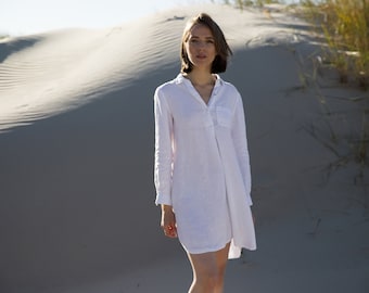 Washed Linen Tunic, Shirt Dress  in White Camila. Long Sleeves,  A Shape, Front half-length buttoned opening. READY in 2-3 DAYS.