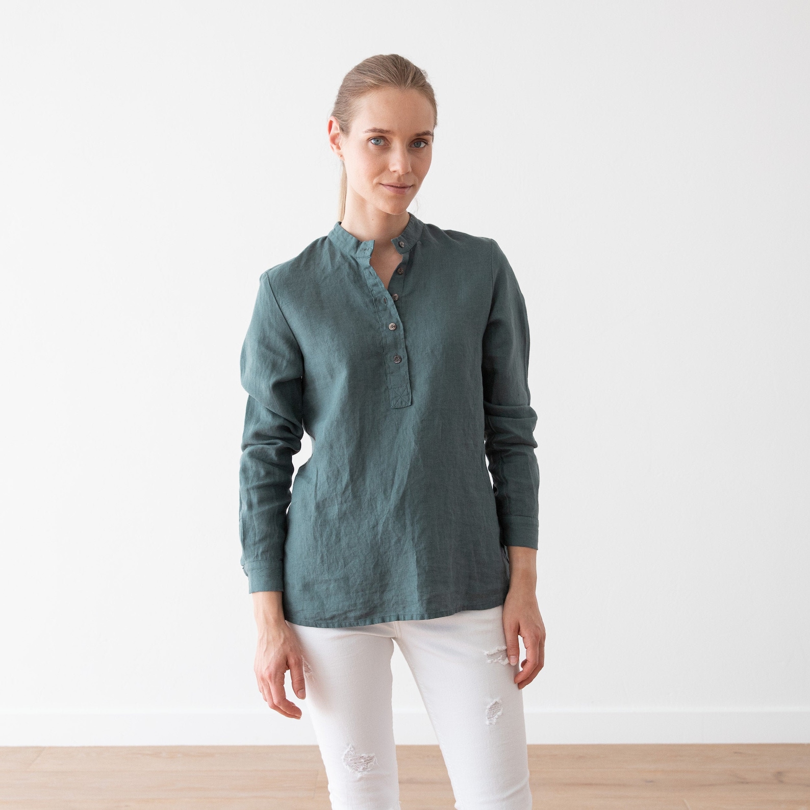 Dark Green Linen Shirt With Long Sleeves. Straight Cut Linen Etsy UK