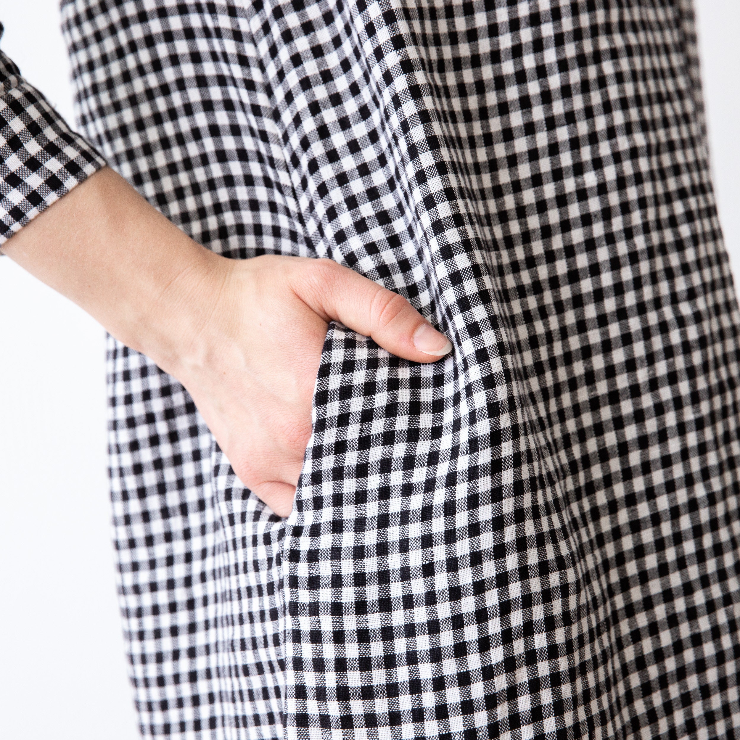 white and black linen dress Voluminous Linen Dress NERJA in Black Gingham