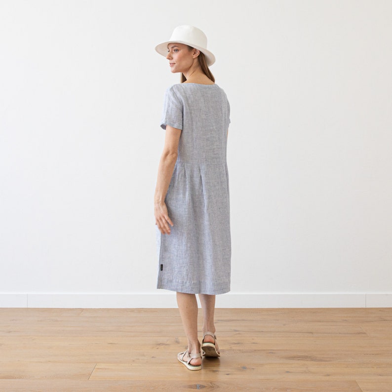 Loose Dress with Short Sleeves and Pockets in Striped Linen. Washed and soft linen dress. Summer Linen Dress. Available in 8 Colors. image 6