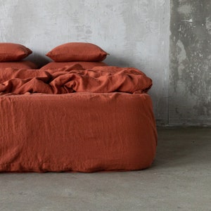 Stone Washed Linen Fitted Sheet in Brick, Rust Terra Cotta. King, Queen, Custom size linen fitted sheet, linen bedding. 100% European Linen