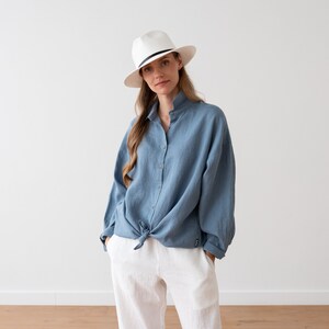 Long Sleeve Oversize Linen Shirt Smoke Blue. Loose-fitting shirt with button opening. Linen clothing. linen shirt Various colours.