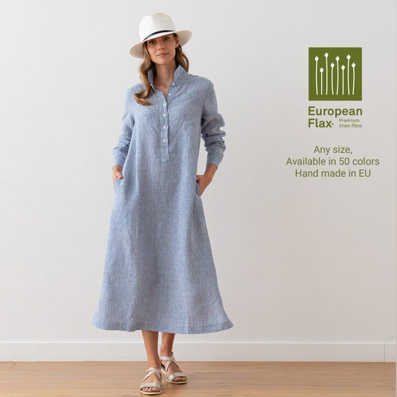 Washed Long Linen Dress Various Color. Summer Linen Dress With Pockets.  Meghan Linen Dress, Blue Medium Stripe - Linenme, Linen Clothing - Etsy