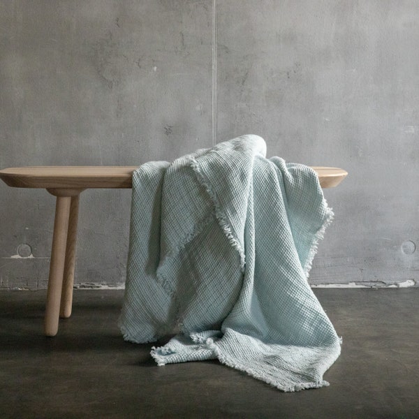Waffle Linen Throw Blanket in Ice Blue With Hand Made Fringes. Twin, Queen, King linen blanket