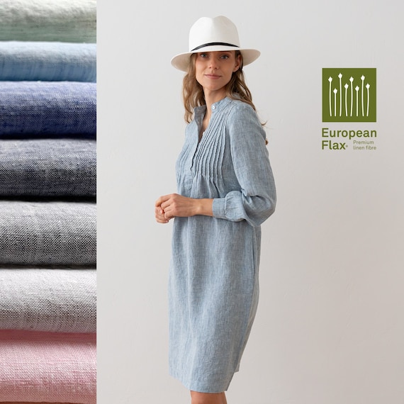 Washed Melange Linen Dress Various Color. Summer Linen Dress with pockets. Linen tunic long sleeve with pleats. Linen Clothing for Woman