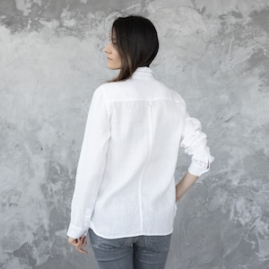 White Linen Collar Shirt for Woman. Loose-fitting shirt with full-length buttoned opening. Long sleeve shirt. image 5