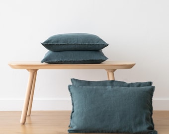 Heavy weight Linen pillow case with hand made fringes in Balsam Green. Standard, queen, king, euro sham, pillow cushion cover READY TO SHIP.