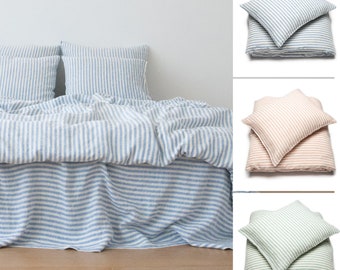 Striped Linen Duvet cover & Pillow cases. Washed Linen Bedding Set in Blue, Mint or Rosa. King, Queen and Twin Bed set, European sizes