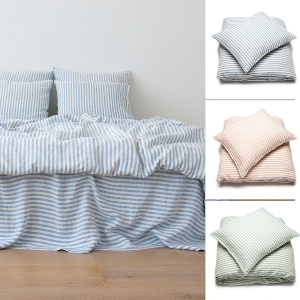 Striped Linen Duvet cover & Pillow cases. Washed Linen Bedding Set in Blue, Mint or Rosa. King, Queen and Twin Bed set, European sizes