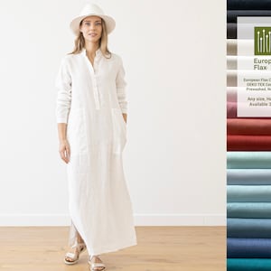 Long Linen Dress Dona in various colors. Washed linen clothing for woman. Straight silhouette linen dress with long sleeves and pockets.