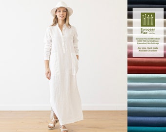 Robe longue en lin Dona de différentes couleurs. Vêtement en lin lavé pour femme. Robe en lin à coupe droite avec manches longues et poches.