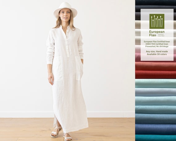 Robe longue en lin Dona de differentes couleurs. Vetement en lin lave pour femme. Robe en lin a coupe droite avec manches longues et poches. Etsy France
