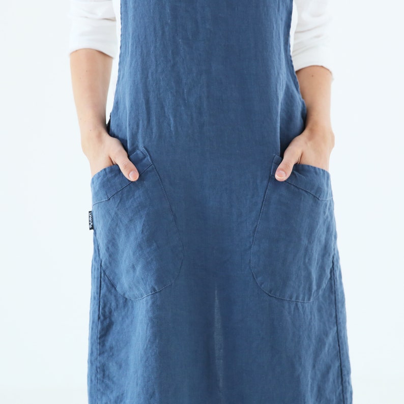 Japanese Cross Back Linen Apron in Indigo Blue. No ties linen apron. Linen cross over apron. Washed 100% European linen. Available 22 color image 3