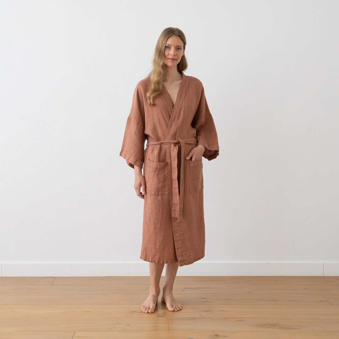 Women's Waffle Linen Bath Robe in Mocha, Vintage Rose. Unisex Linen ...