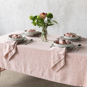 Striped Linen tablecloth in Orange Natural. Round, square, rectangular table linens from washed heavy weight linen image 5