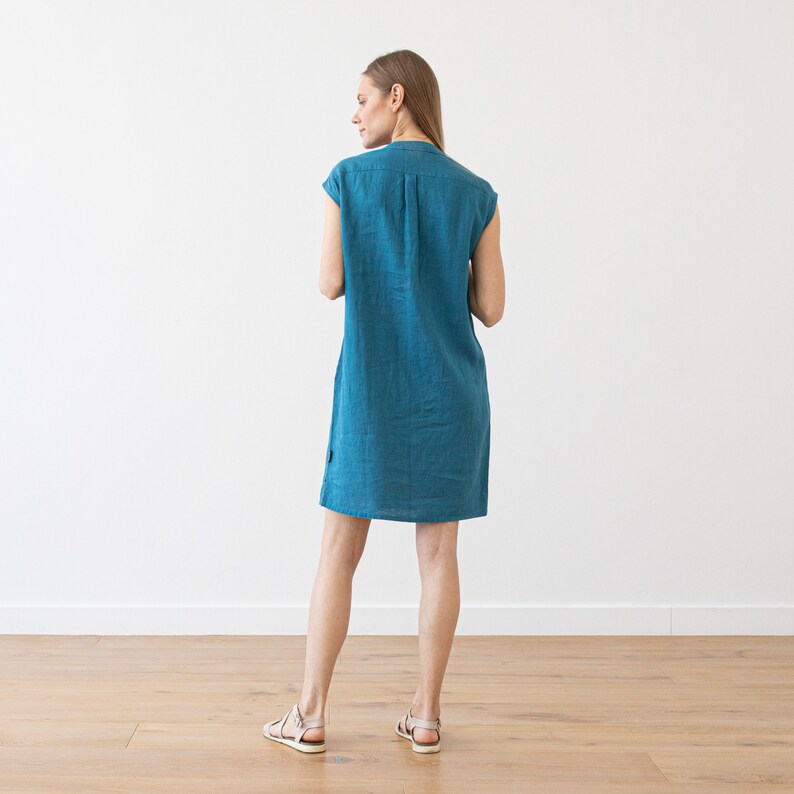 Linen Dress Sea Blue. Washed linen clothing. Sleeveless summer linen dress. Linen tunic dress. image 2