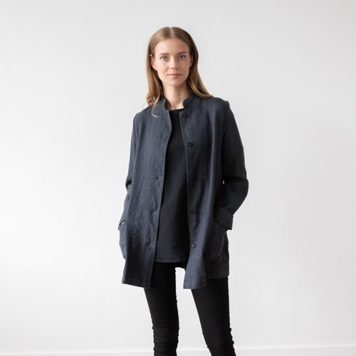Charcoal Heavy Linen Jacket Paolo. Washed and super soft shops linen jacket with pockets and buttons for every day. European flax certified linen