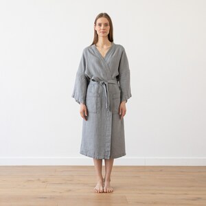 Women's Waffle Linen Bath Robe in Graphite. Unisex Kimono Style Linen ...