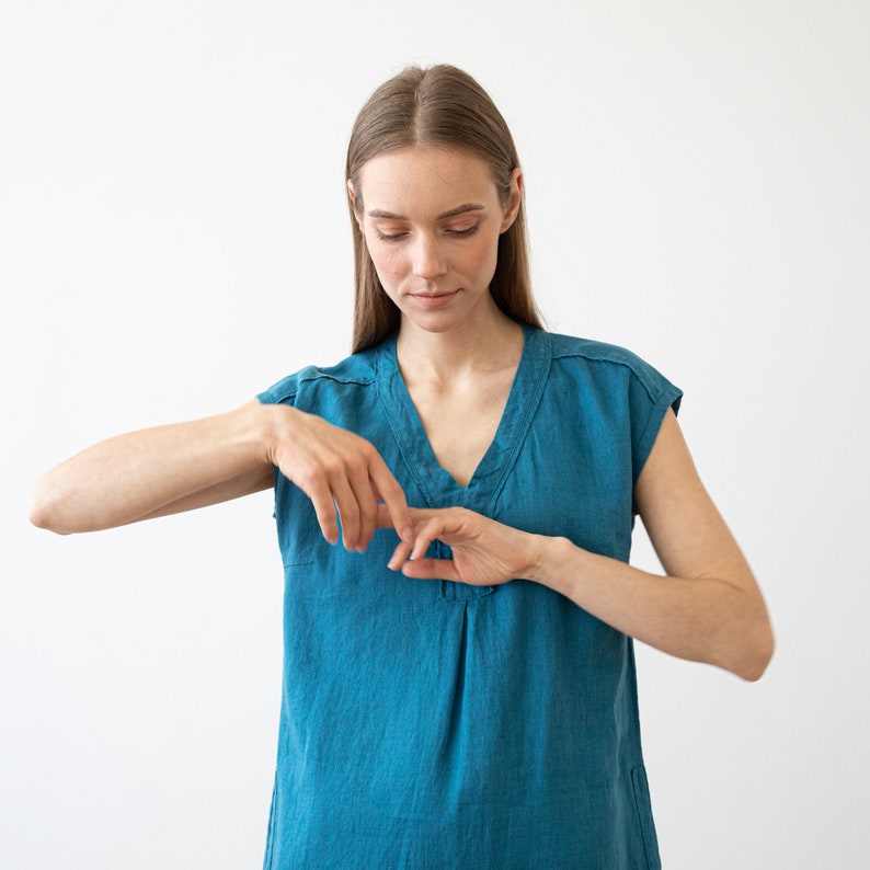 Linen Dress Sea Blue. Washed linen clothing. Sleeveless summer linen dress. Linen tunic dress. image 5