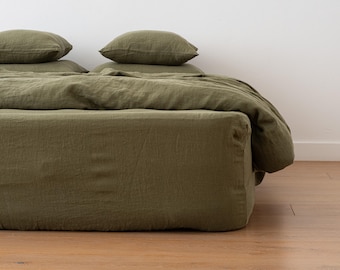 Stone Washed Linen Fitted Sheet in Olive Green. King, Queen, Custom size linen fitted sheet, linen bedding. 100% European Linen