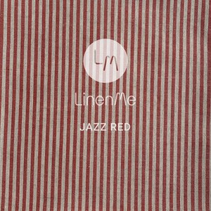 May include: Red and white striped fabric with the text "LinenMe" and "JAZZ RED" printed on it.