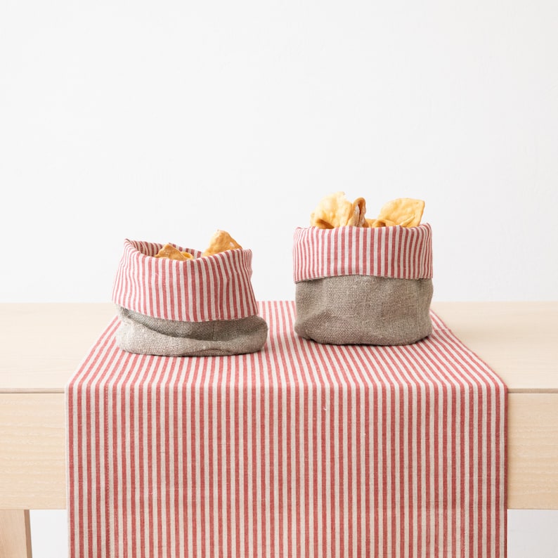 Red Striped Natural linen bread basket, Organic food storage, Plant pot linen bag, Cloth bread basket, Table decor, Linen gift image 3