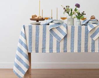 Philippe Striped Linen tablecloth in Blue/Off White. Round, square, rectangular table linens. Heavy weight