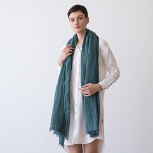 Washed Linen Shawl Wrap in Balsam Green Garza. Hand Made Fringes, European linen. Size 100 x 200 cm READY TO SHIP. Available in 14 colors. image 2
