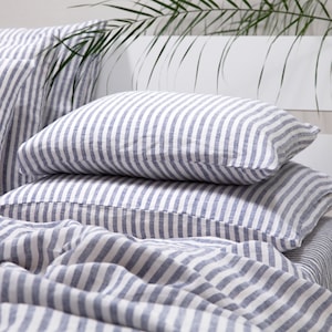 Washed Linen Bedding Ticking Striped. Linen Pillow Case Indigo White. Standard, Euro, King and other sizes. Envelope Style. European linen