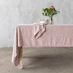 Striped Linen tablecloth in Orange Natural. Round, square, rectangular table linens from washed heavy weight linen image 3