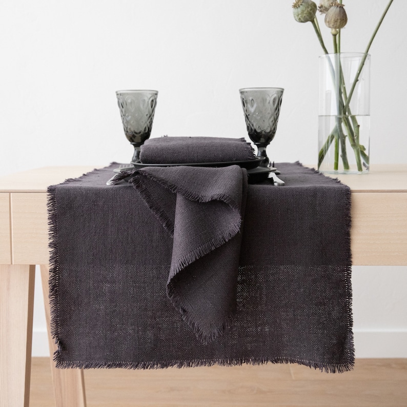 Rustic Linen Table Runner in Grey, Hand Made with fringes, Heavy Washed linen, Any Length, Christmas Table Linen image 1