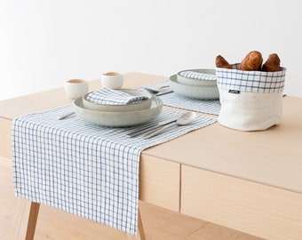 Hand Made Washed Linen Placemat in Graphic Check Blue White. Washed Heavy Linen Placemat any Quantity. Table Linen, table mat.