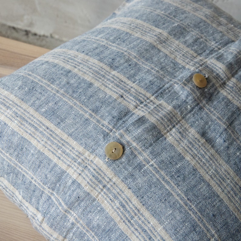 Heavy Linen Pillow Case With Buttons. Indigo Natural Striped. Etsy