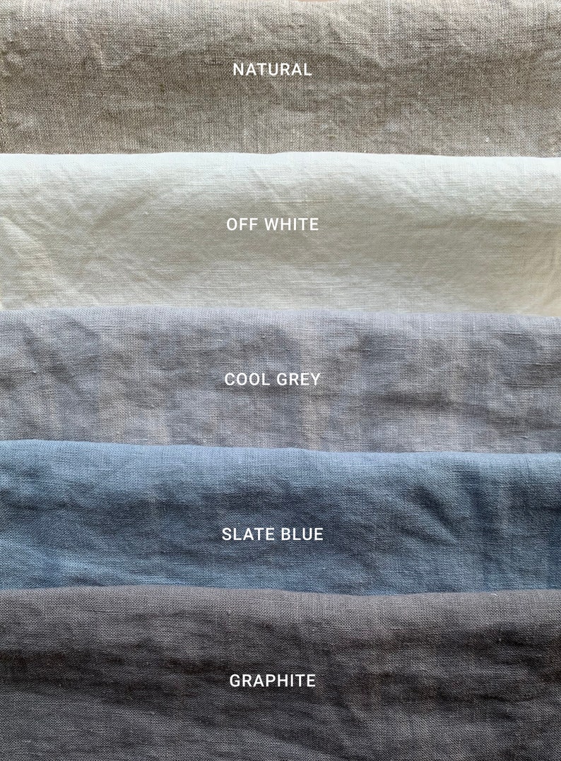 May include: Five fabric swatches in different colors: natural, off white, cool grey, slate blue, and graphite.