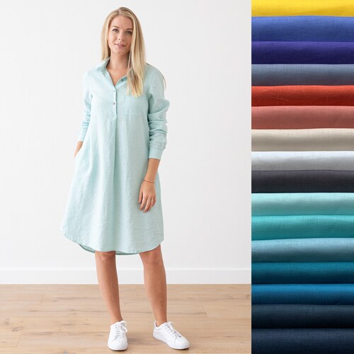 Linen Shirt Dress in Various Colors. Linen clothing for women. Linen Tunic Dress. A Shape silhouette, long sleeves, knee length. Camilla