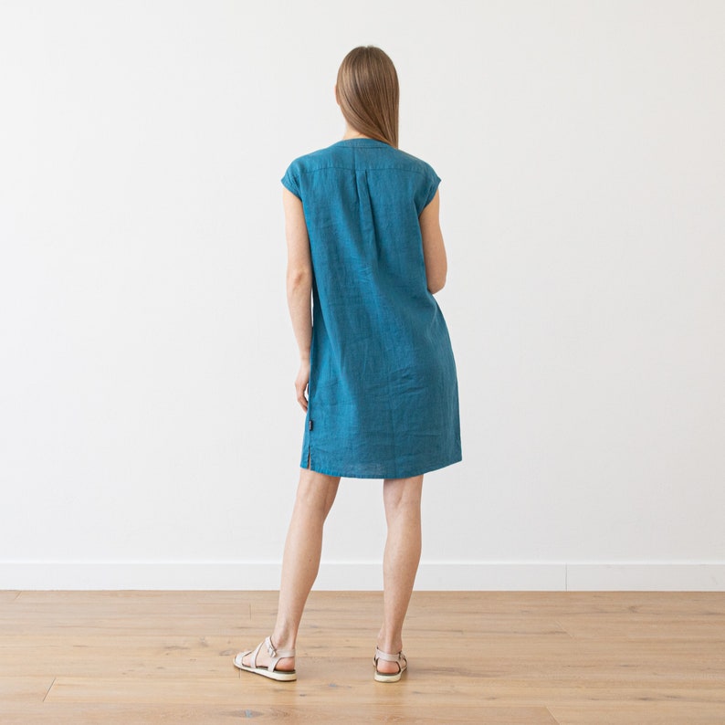 Linen Dress Sea Blue. Washed linen clothing. Sleeveless summer linen dress. Linen tunic dress. image 3