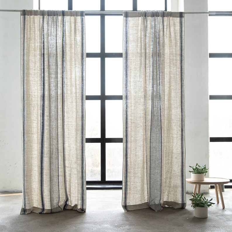 Heavy Linen Rod Pocket Curtain Panel Washed Natural Indigo Etsy UK