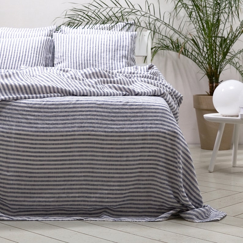 Ticking Striped Linen Flat Sheet in various colors. Queen, Twin, King washed linen bedding. Striped top linen sheet for farmhouse. image 9