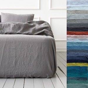 Stone Washed Linen Fitted Sheet in 23 colours. King, Queen, Custom size linen fitted sheet, linen bedding. 100% European Linen