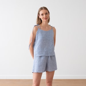 Linen Pinstripe Pajama Set for woman. Hand made pyjama set from washed plain linen. Linen clothing for home. Gift for her.