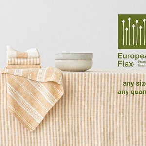 Washed Linen Napkins in White Yellow Stripes. Dinner napkins made from heavy weight linen. Large size cloth napkins bulk. Summer table linen