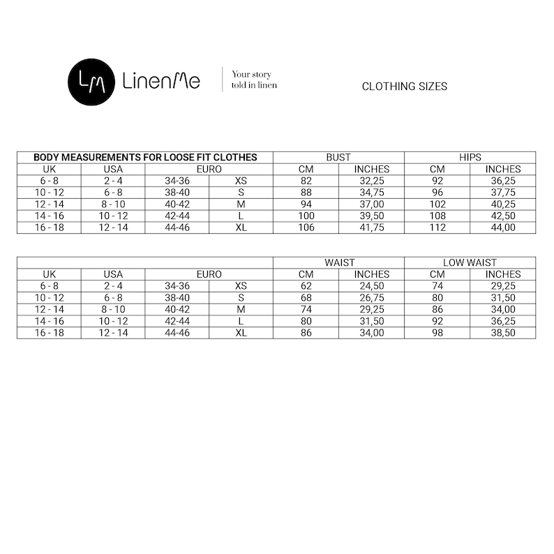 May include: A chart showing body measurements for loose fit clothes in UK, USA, and Euro sizes. The chart includes bust, hips, waist, and low waist measurements in both inches and centimeters.