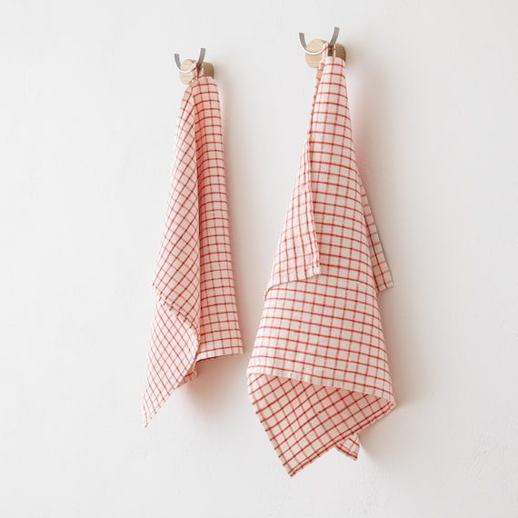 Washed linen Gingham Tea Towel Set, Linen Kitchen Towels White Red Check.  Pure linen dish towel, dishcloth. Christmas gifts. Kitchen linen