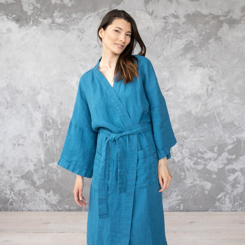 Women's Waffle Linen Bath Robe in Sea Blue. Unisex Linen Etsy