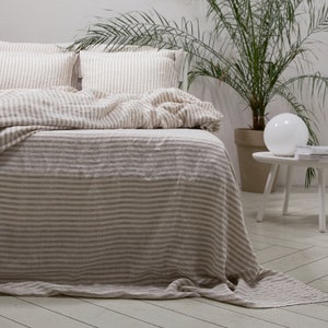 Ticking Striped Linen Flat Sheet in Natural * Queen, Twin, King and other sizes * Washed 100% European linen