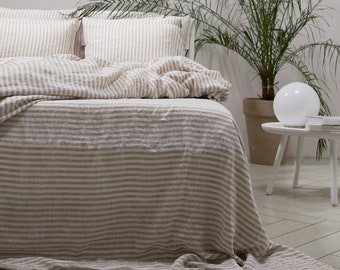 Ticking Striped Linen Flat Sheet in Natural * Queen, Twin, King and other sizes * Washed 100% European linen