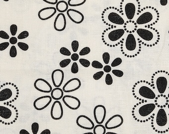 Stock CLEARANCE, 100 % linen basket weave off white color with flower print in black. 150 cm width. Ready to Ship