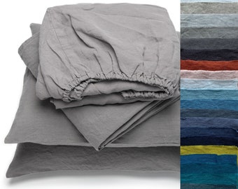 Washed Linen Sheet Set in 23 colours. Fitted Sheet, Flat Sheet, 2 Pillow Cases. King, Queen, Full, Twin Linen Bedding.
