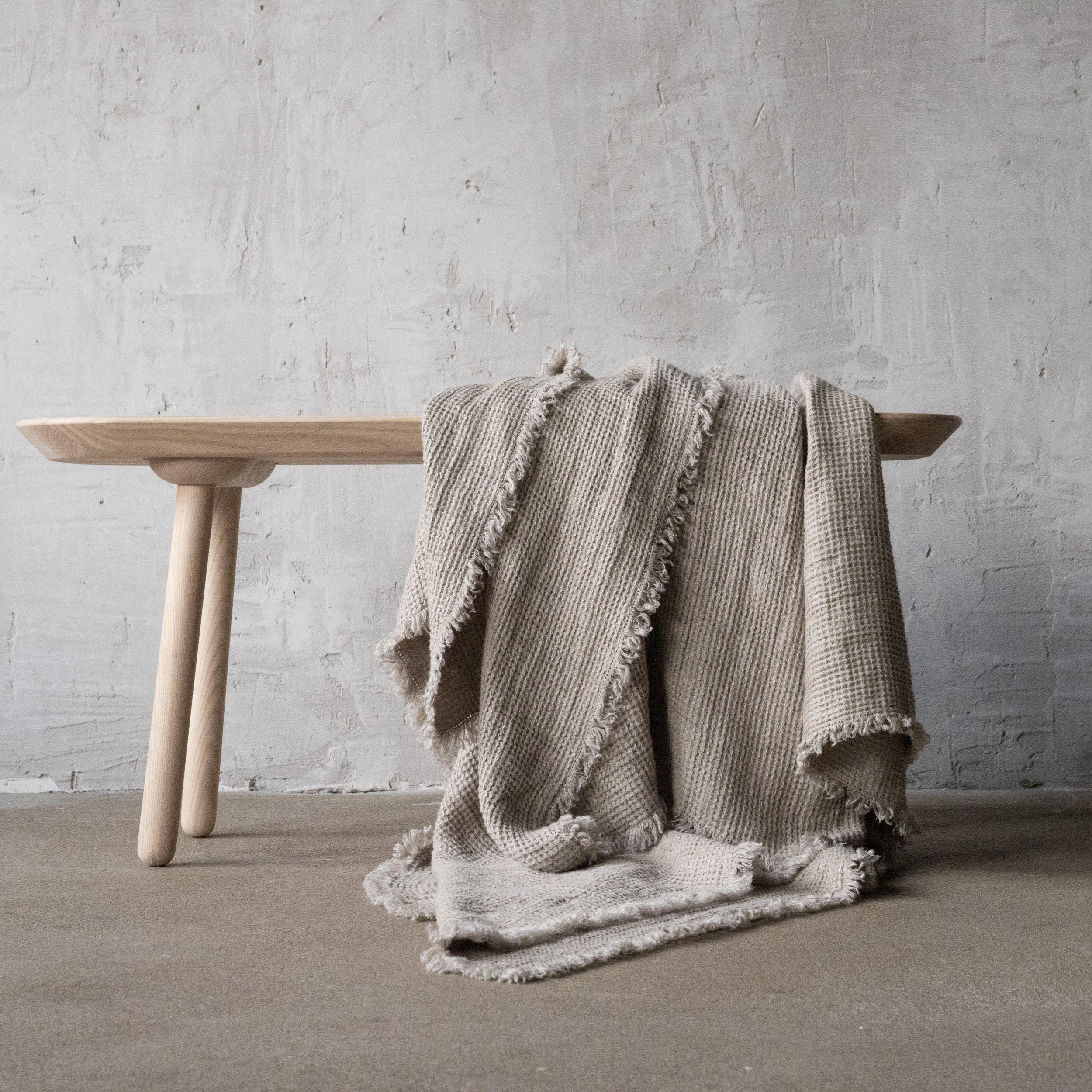 Waffle Linen Throw Blanket in Natural With Hand Made Fringes. Twin, Queen, King linen blanket